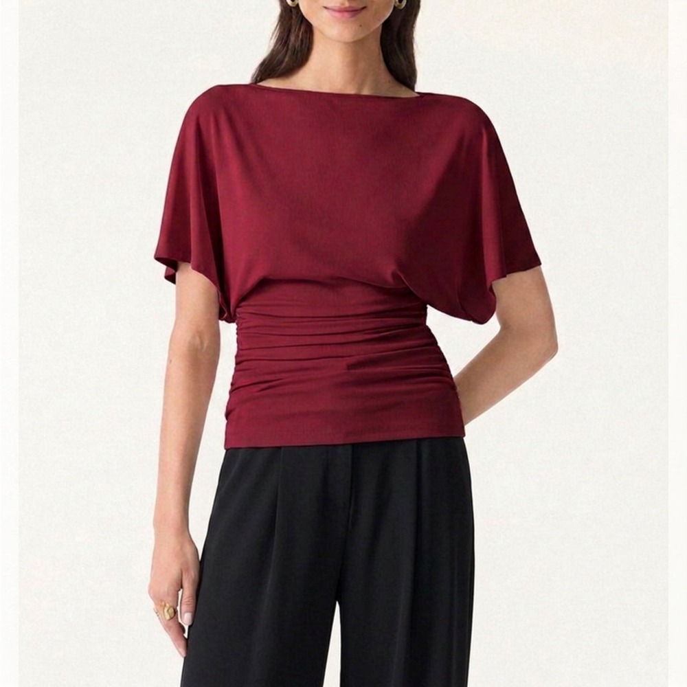 OGL Move Effortless Boatneck Batwing Sleeve Side Ruched Top Jujube Red S 2628